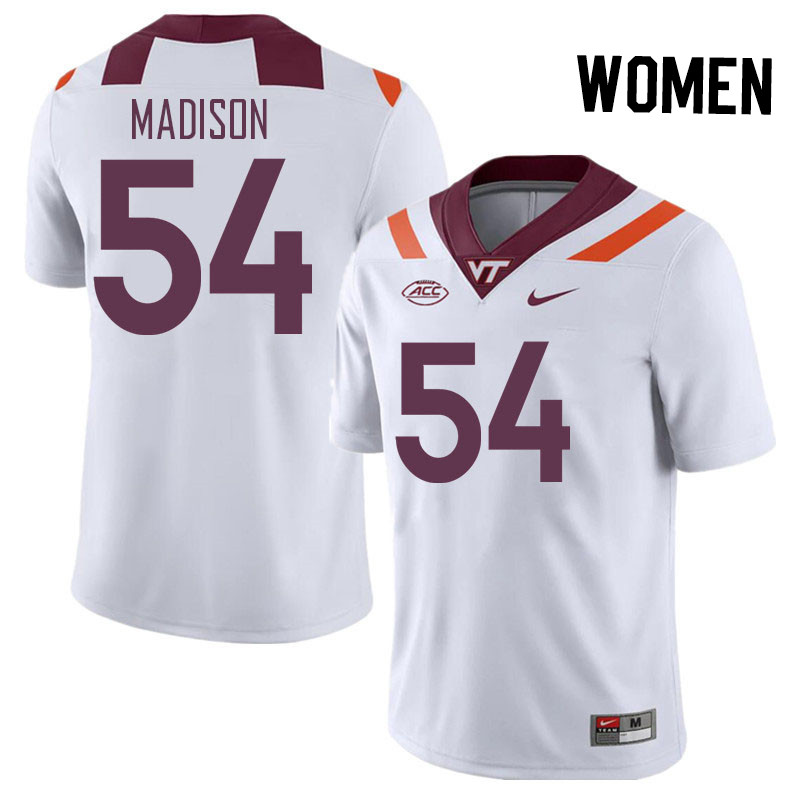 Women #54 Malachi Madison Virginia Tech Hokies College Football Jerseys Stitched Sale-White - Click Image to Close